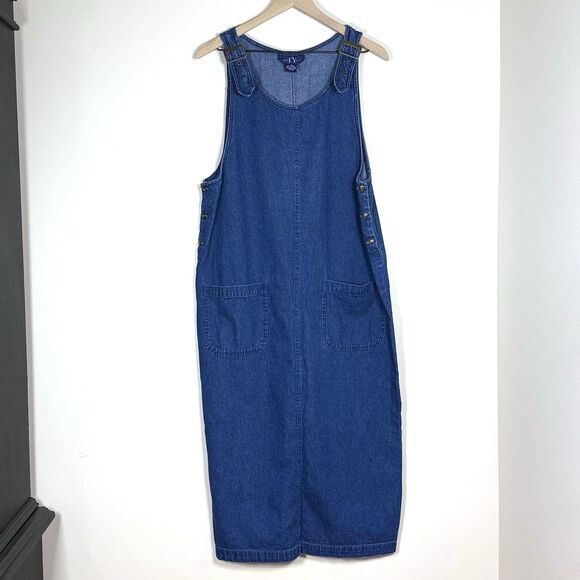 Original Ty Wear Dresses & Skirts - Vintage 90s Denim Overall Jumper Dress Size 12 Adj Straps Pockets Back Split Hem